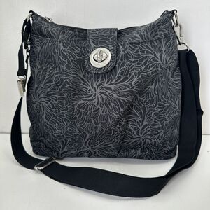 Baggallini Crossbody Handbag Purse Medium Black Gray Floral Adjustable Nylon